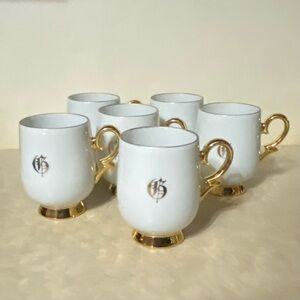 Vintage “G” monogrammed tea cups, white porcelain with gold trim, set of 6